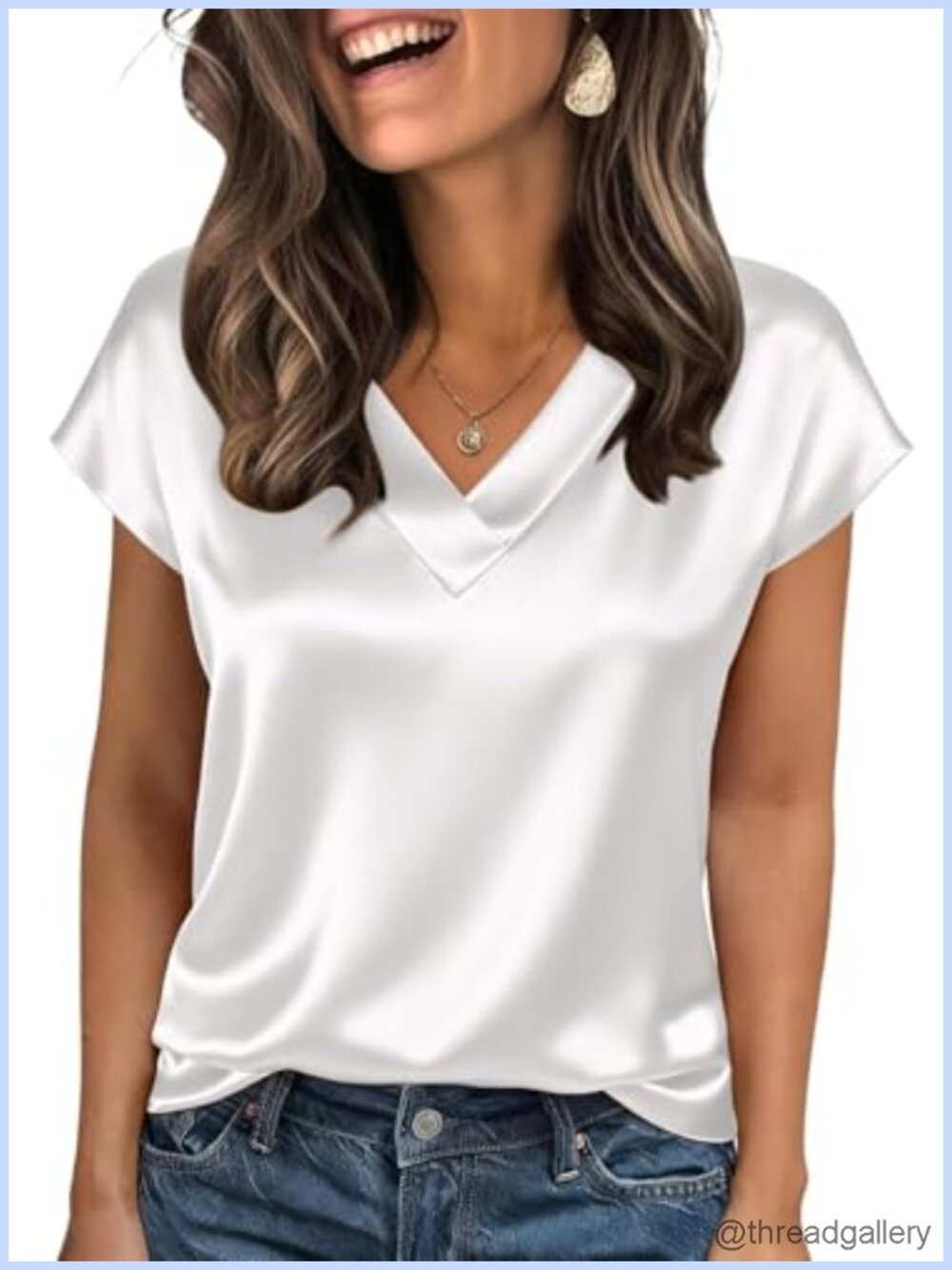 Plus Size Satin Blouse V-Neck Short Sleeve Button-Down Work Top